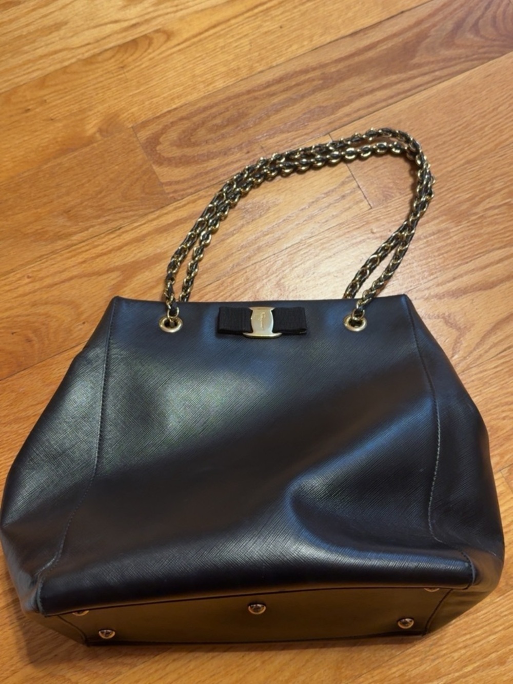 Salvatore Ferragamo Black Leather Shoulder Bag with Gold Chain